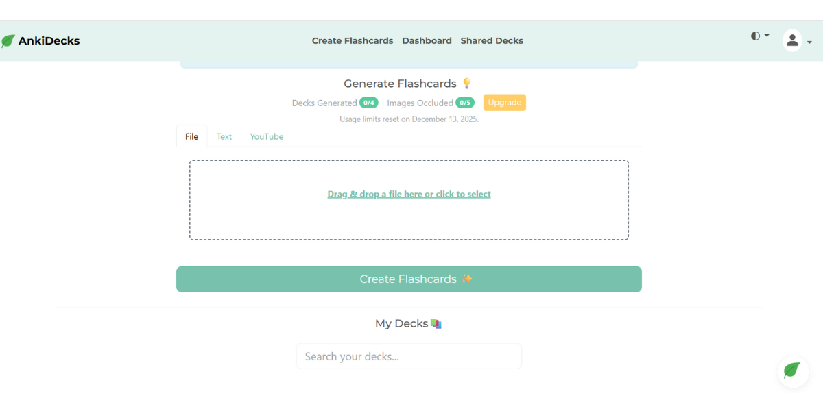 AnkiDecks AI Best free AI tool for teachers UI