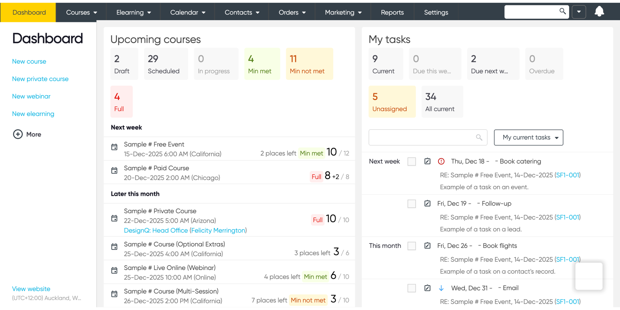 Arlo course scheduling software dashboard showing class bookings, upcoming lessons, tasks, and tools for managing educational programs