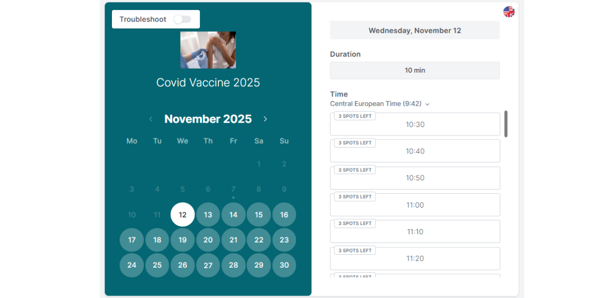 Koalendar custom pharmacy vaccine booking page with online scheduling tool