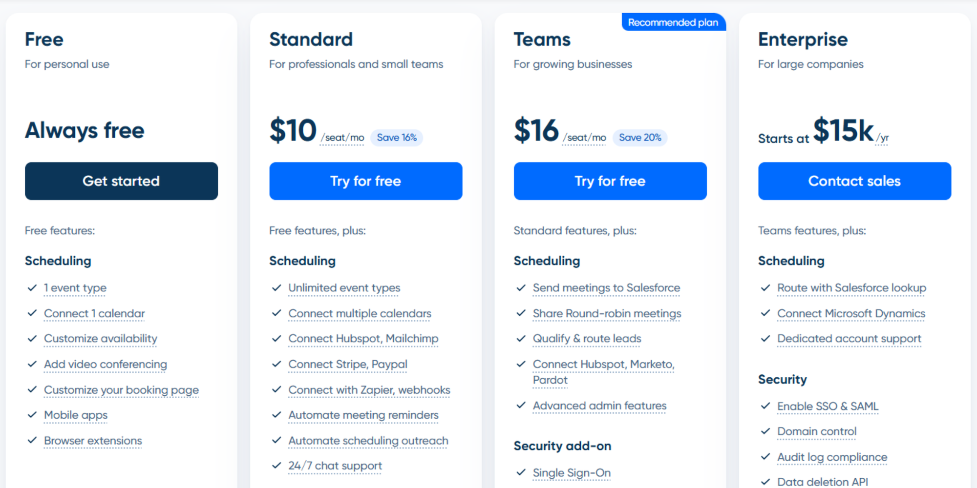 Calendly pricing page screenshot free plan vs paid plans