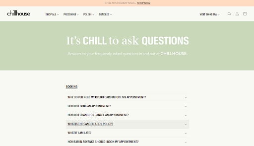 Nail salon cancellation policy weaved into FAQ section 