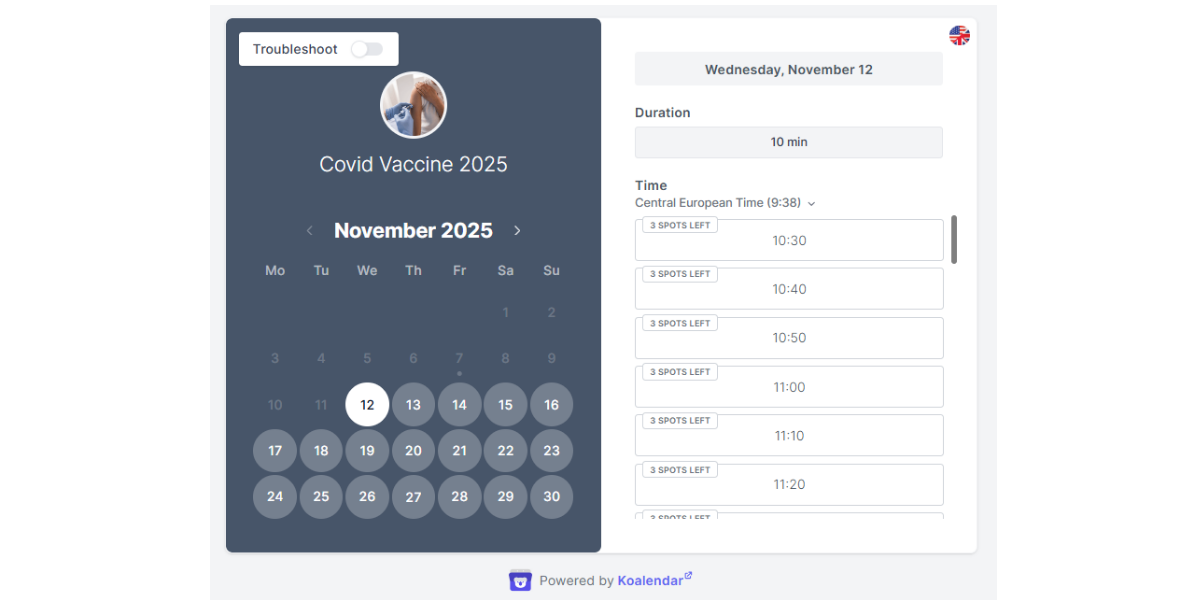 Koalendar Covid vaccine appointment calendar with available booking slots