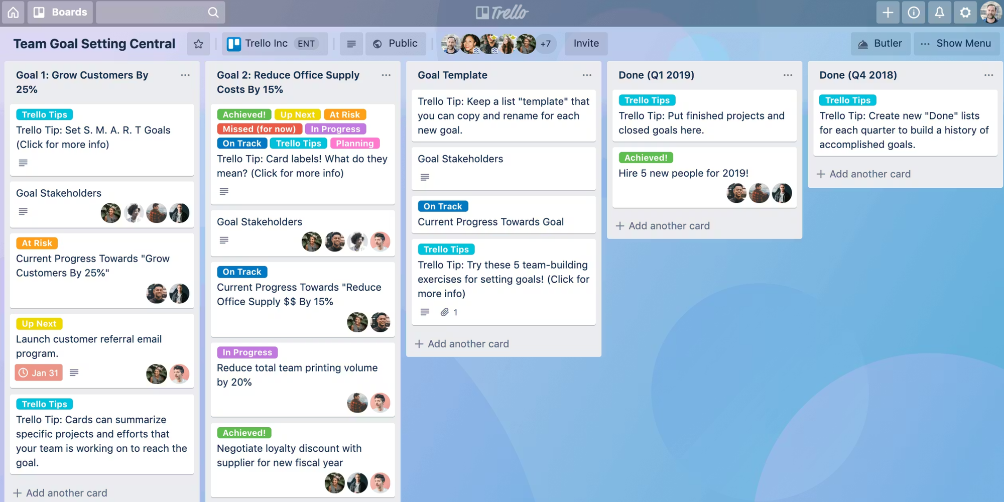 Trello board with team goal cards and columns, a collaboration tool and scheduling tool for work