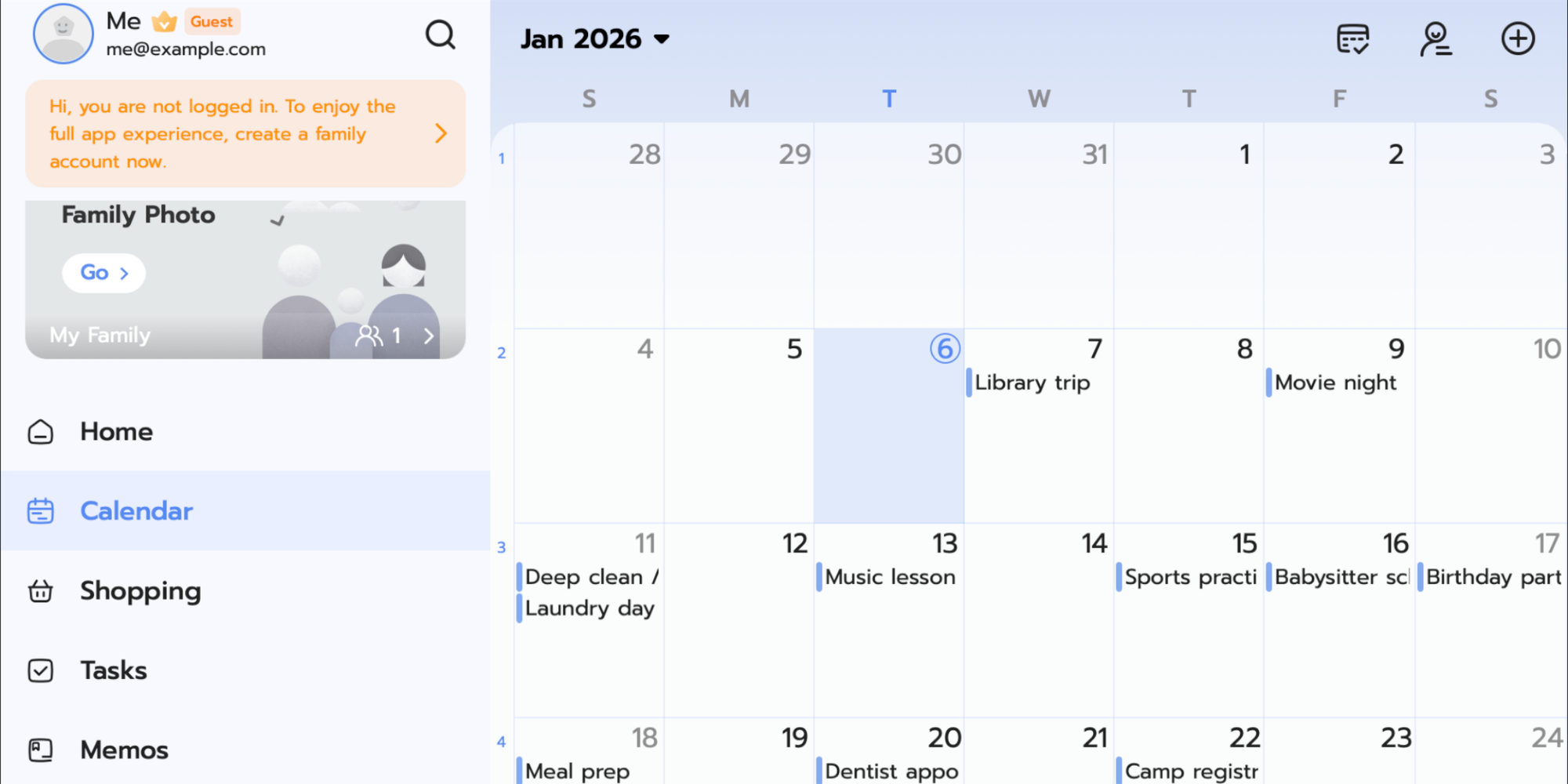 FamCal month view, best shared family calendar app with reminders & alerts to share plans with family