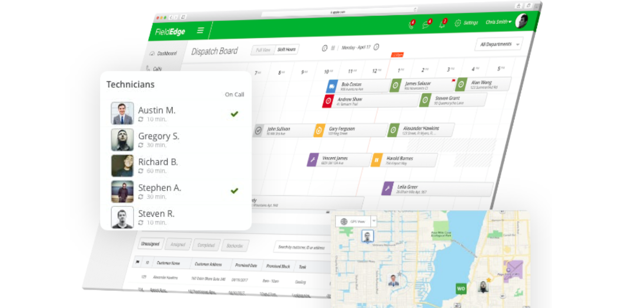 FieldEdge’s technician dispatch dashboard in the platform