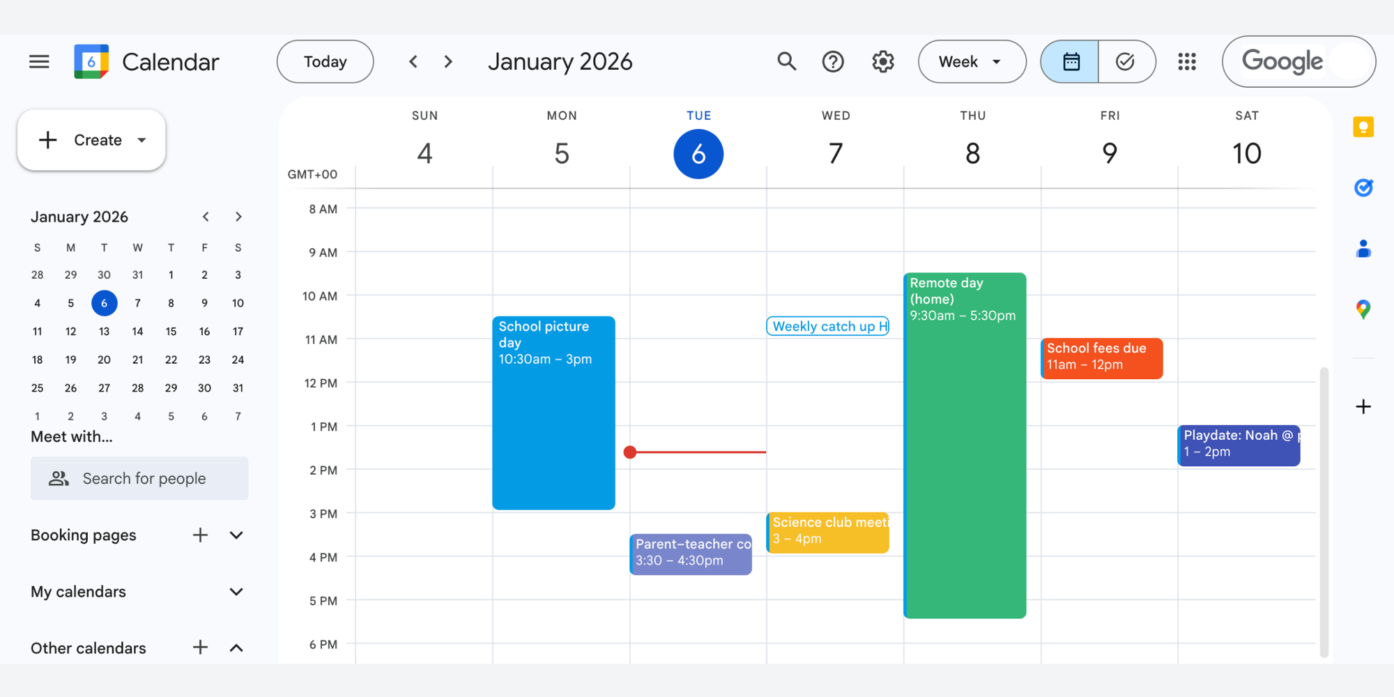 Google Calendar week view with color-coded schedules, reminders & alerts, and calendar sync for family plans
