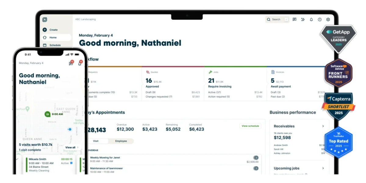 Screenshot of Jobber platform for electricians including desktop and mobile app