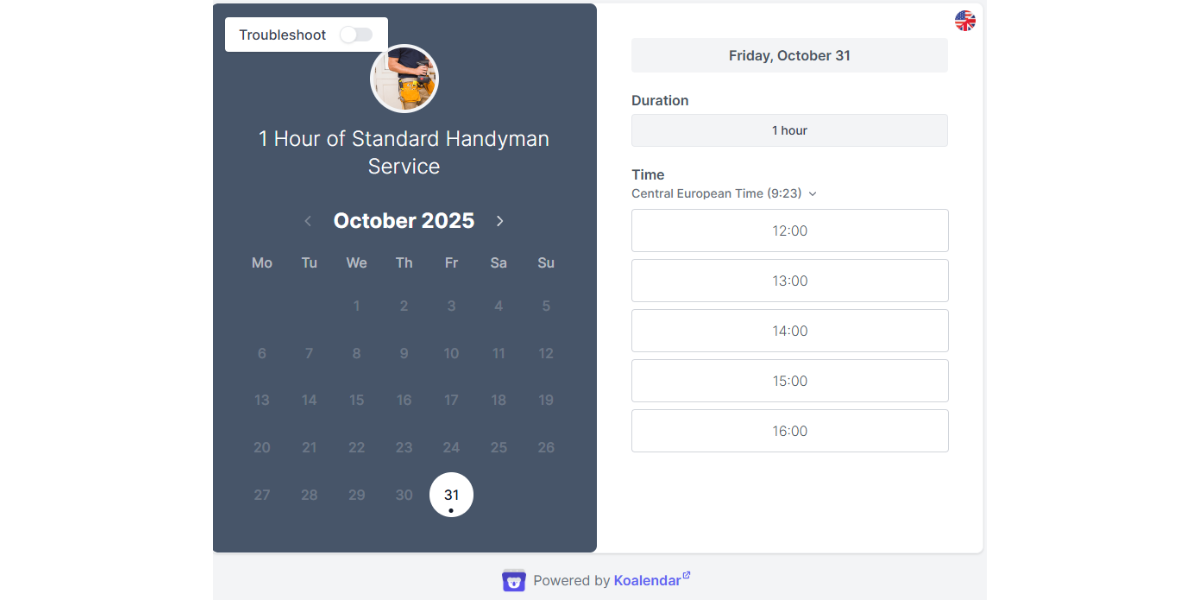 Koalendar booking page for a handy man