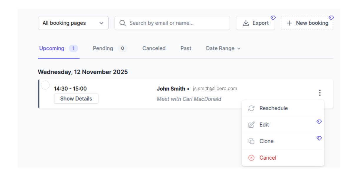 Screenshot of Koalendar reschedule appointment feature in dashboard