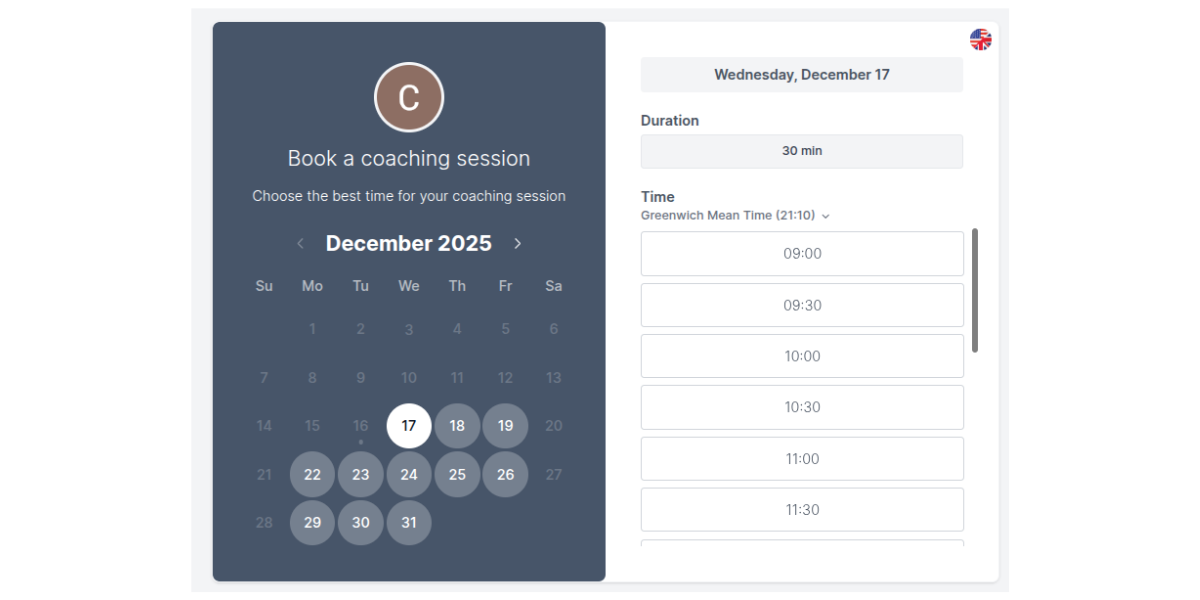 Koalendar booking screen for a coaching session