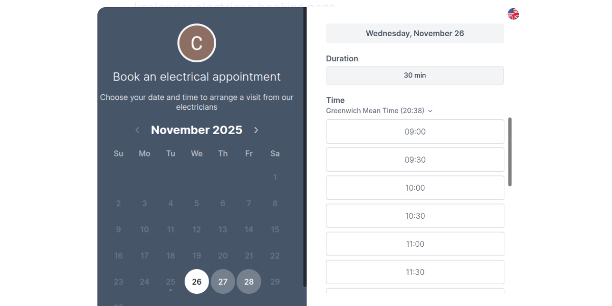 Koalendar booking screen for electrician appointment scheduling