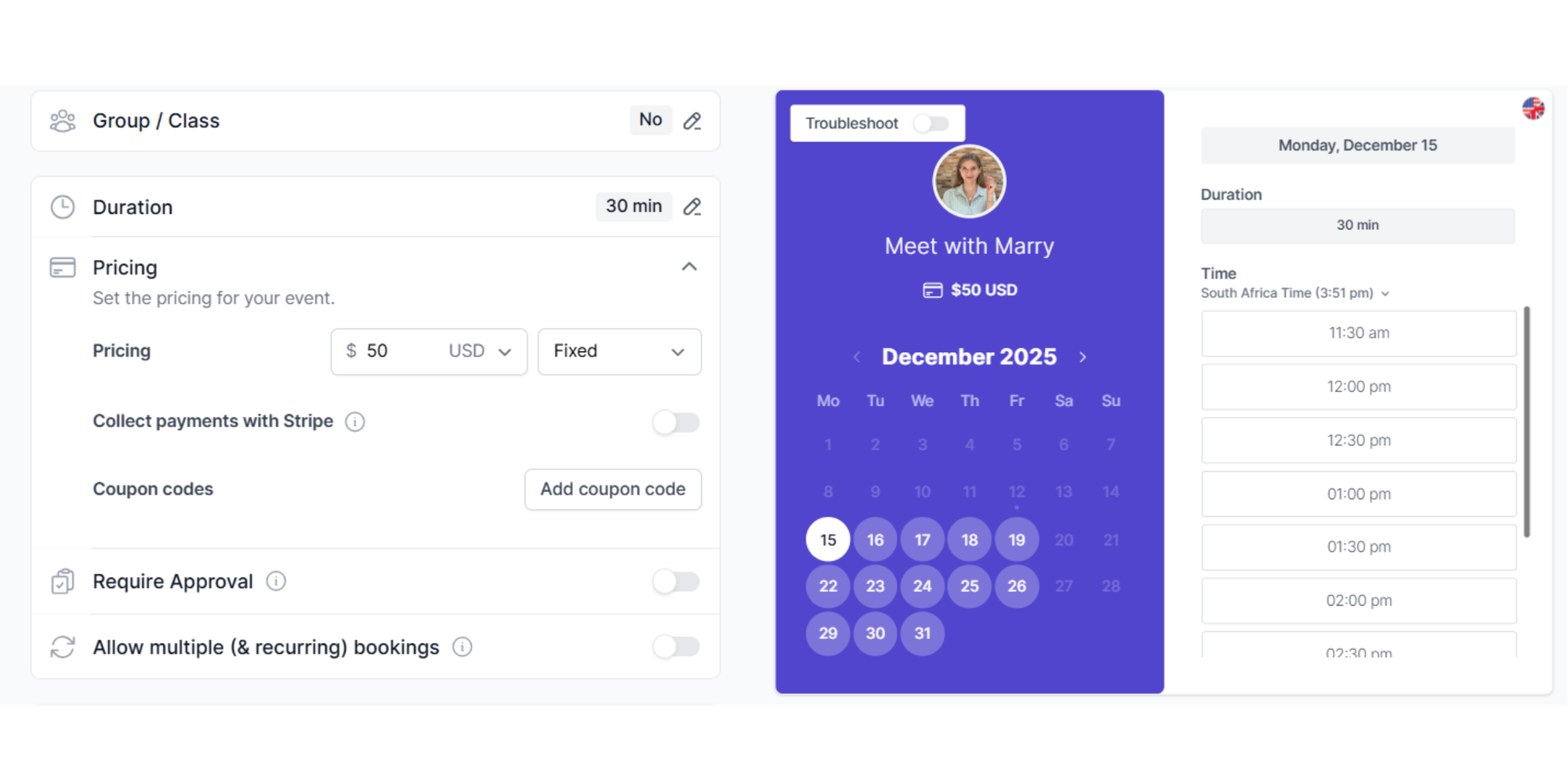 Koalendar scheduling tool interface, free plan