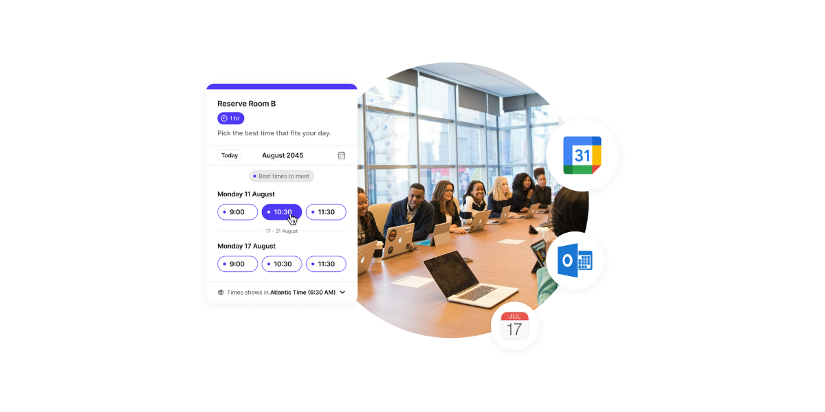 Focused meeting conversations and screenshot of Koalendar meeting room booking screen