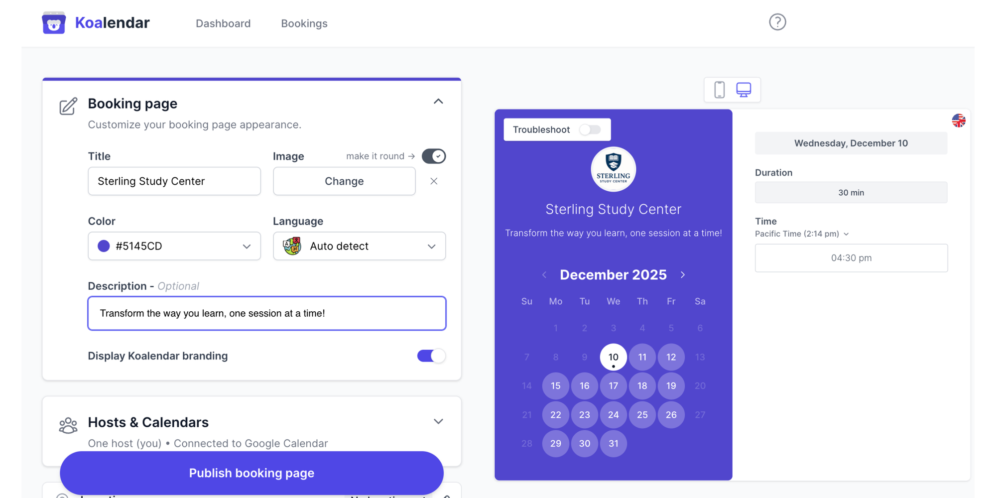 Koalendar class scheduling software showing booking pages, calendar sync, and class bookings