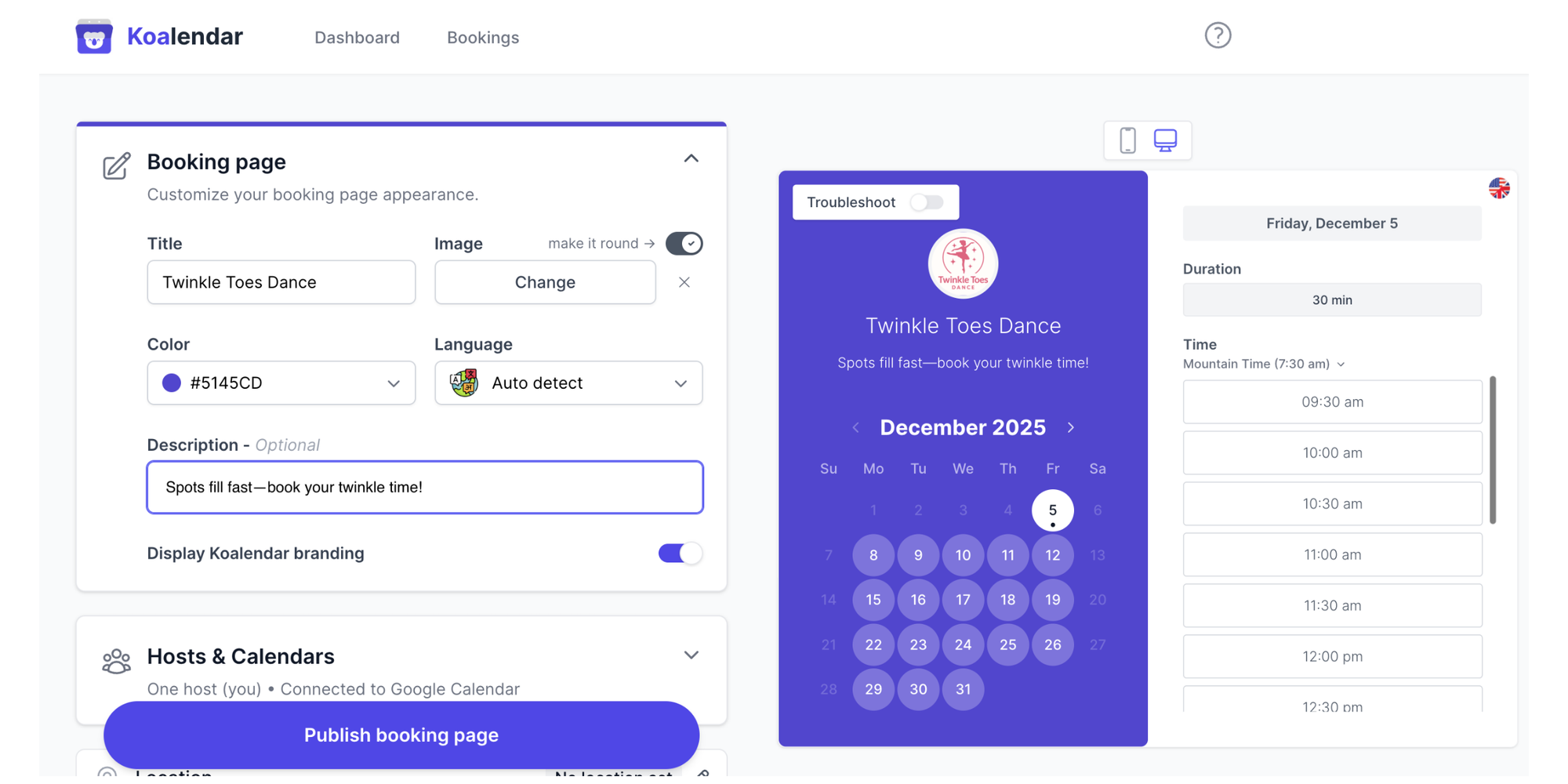 Koalendar booking page for a dance class exemplifying scheduling software for small dance studios