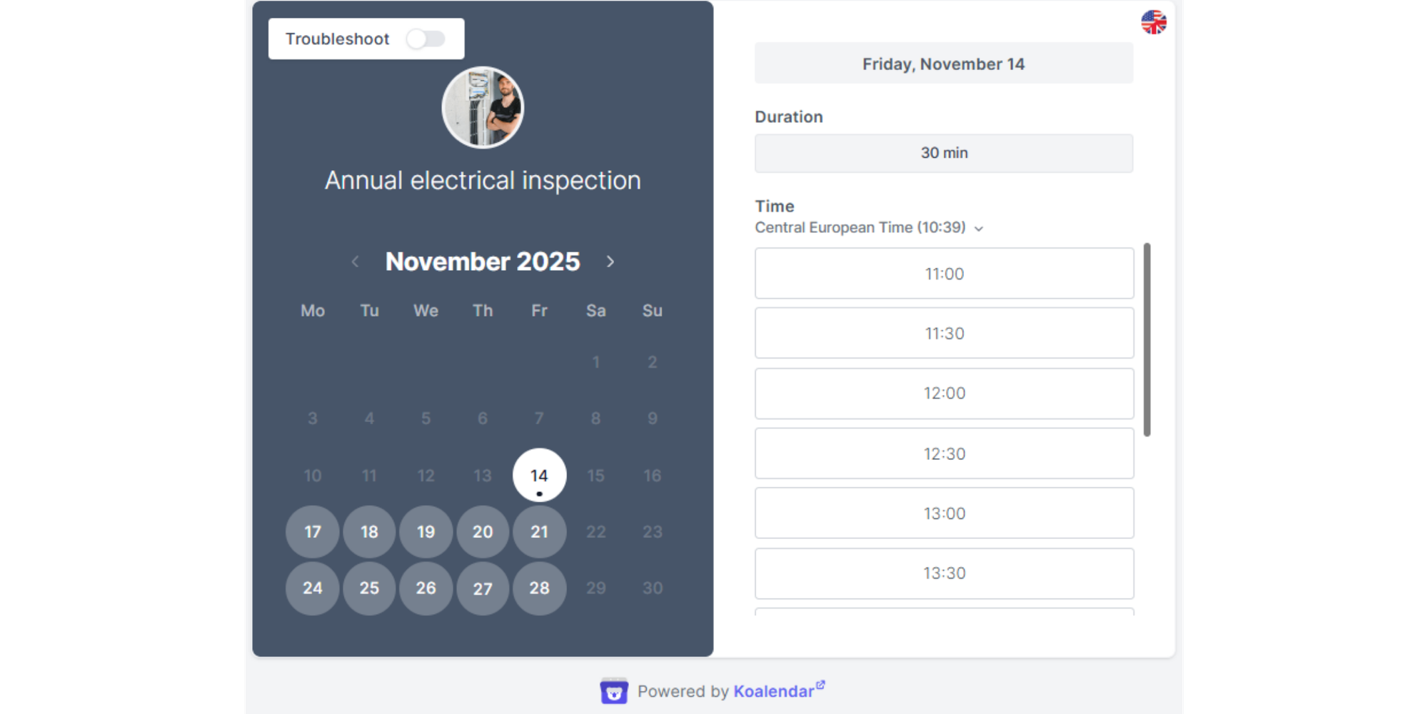 koalendar booking and scheduling software for electricians interface