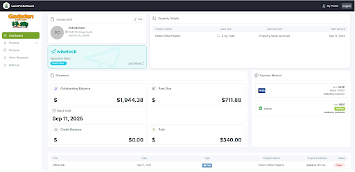 Screenshot of a dashboard from the LawnPro software showing job details and payment information