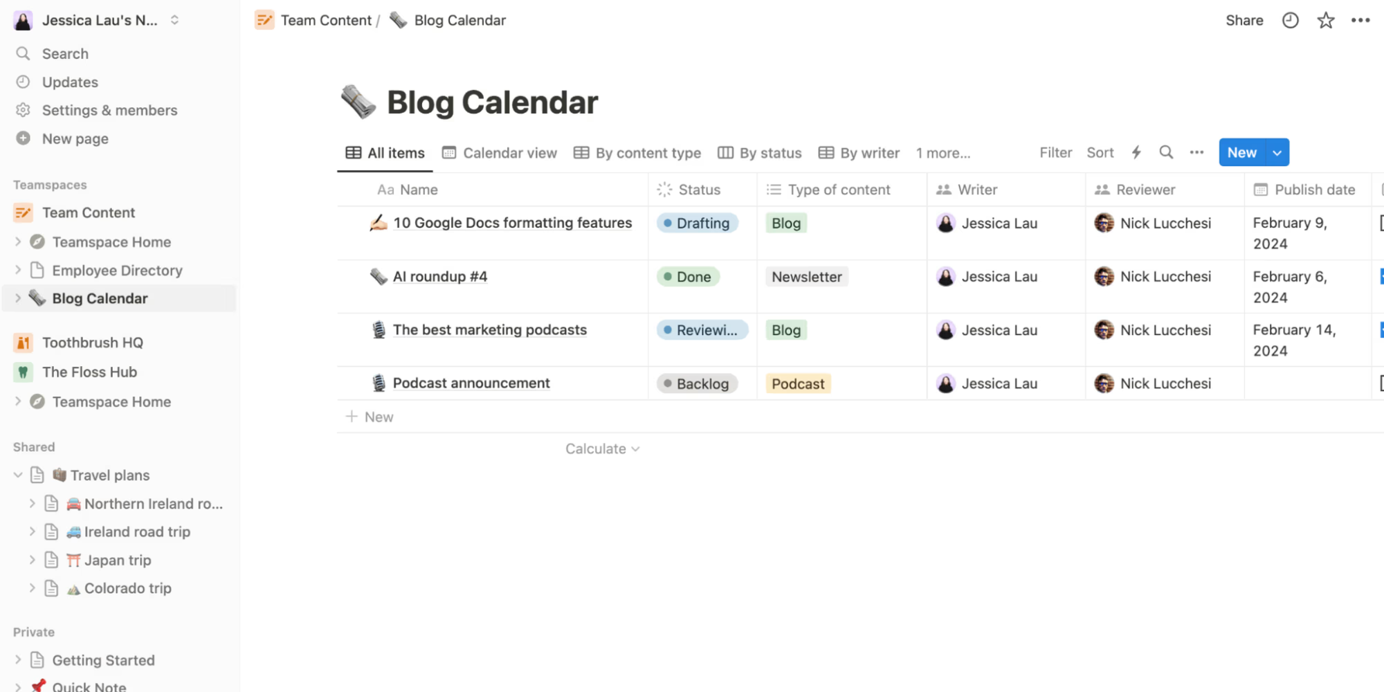 Notion blog calendar table with status, writer, publish dates—collaboration tools and scheduling tools to save time