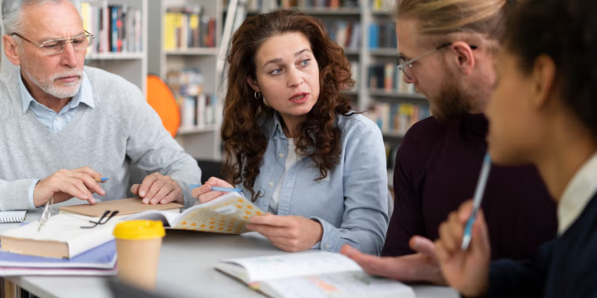  School leaders collaborating in a library, discussing all-in-one school software solutions and improved reporting tools.