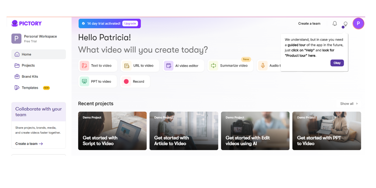 Pictory Ai UI for automatic video creation