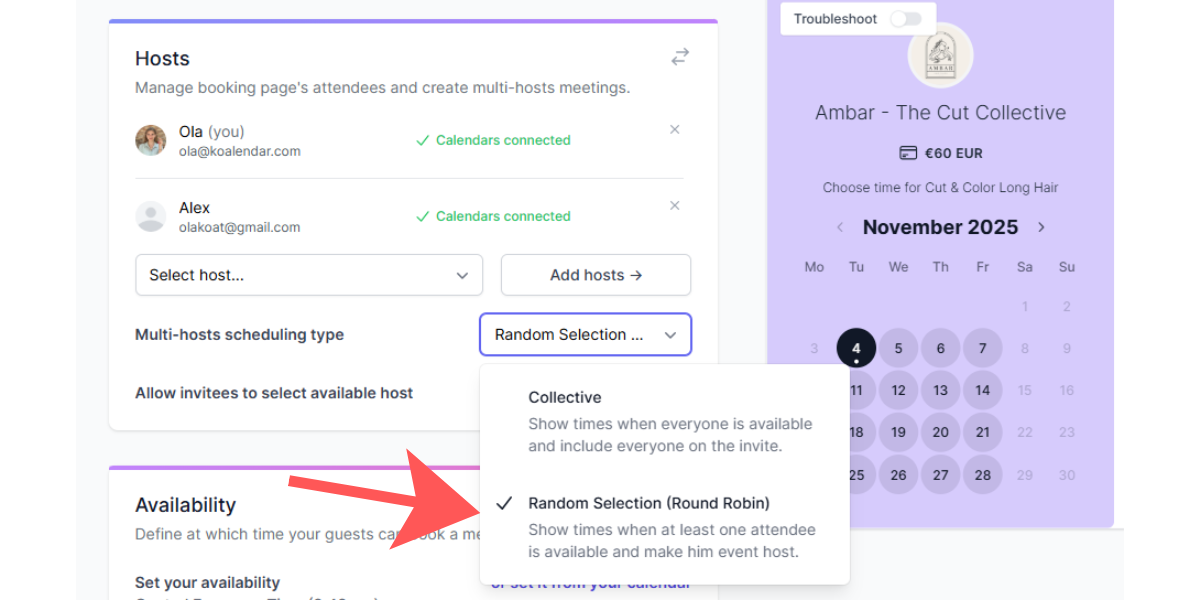 screenshot if koalendar round-robin option as exclusive calendar‑management tactics