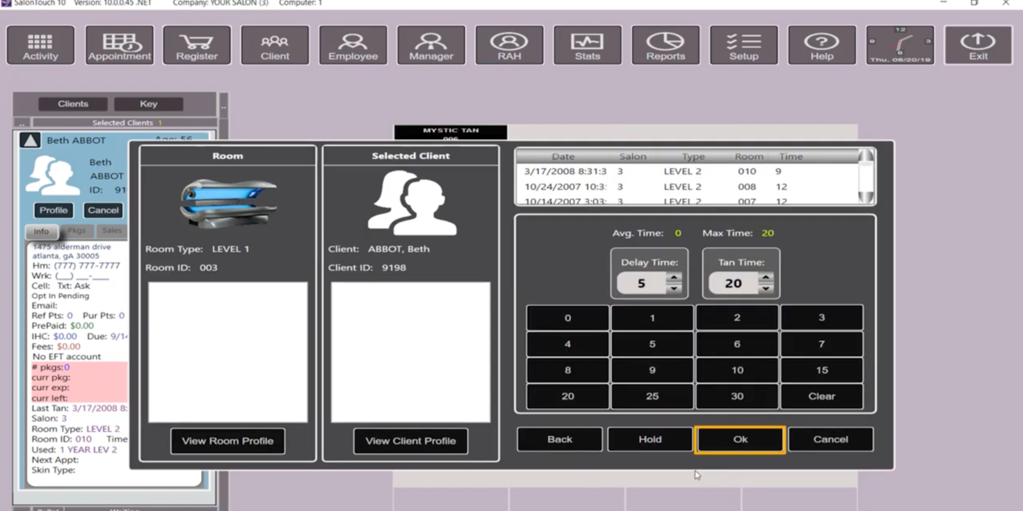 SalonTouch hybrid salon management software screen showing client details and bed timers for managing sessions through a sunbed booking system