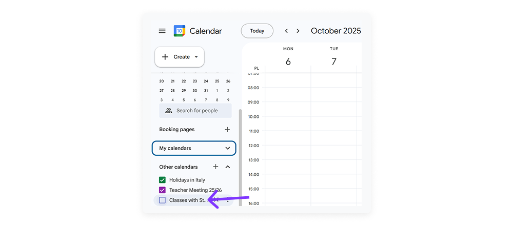 screenshot of hide calendars as one of google calendar hacks
