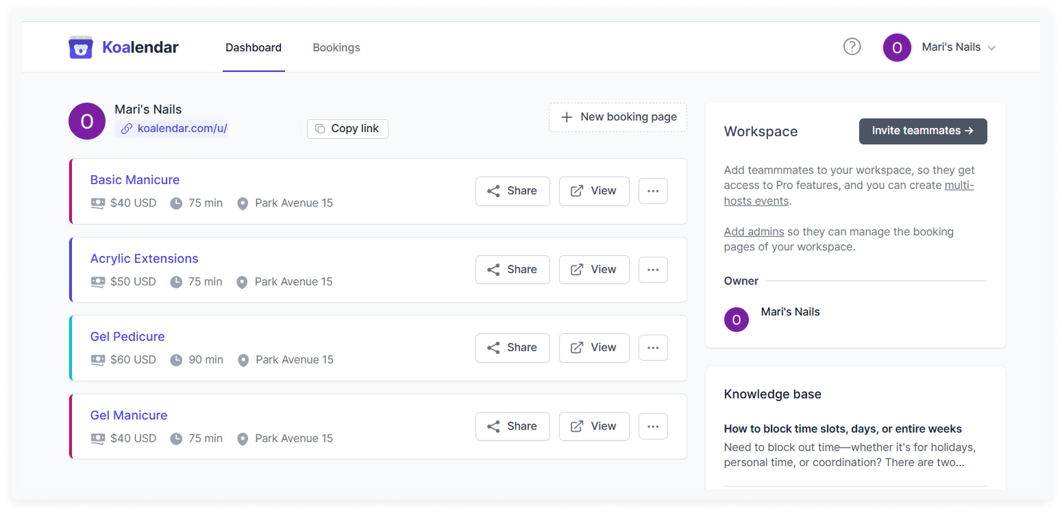 screenshot of koalendar best salon appointment scheduling software