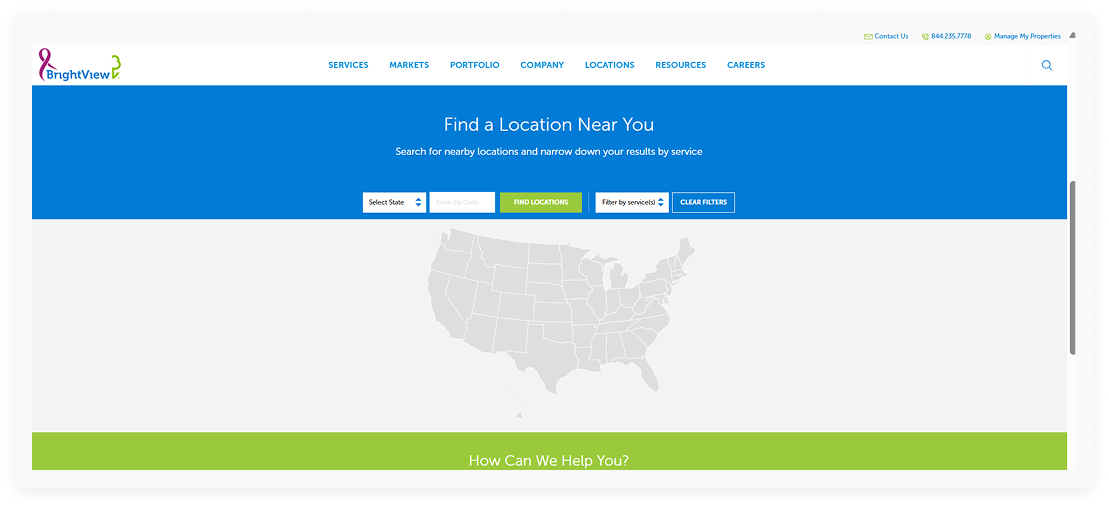 Example of a landscaping company website organising services by location