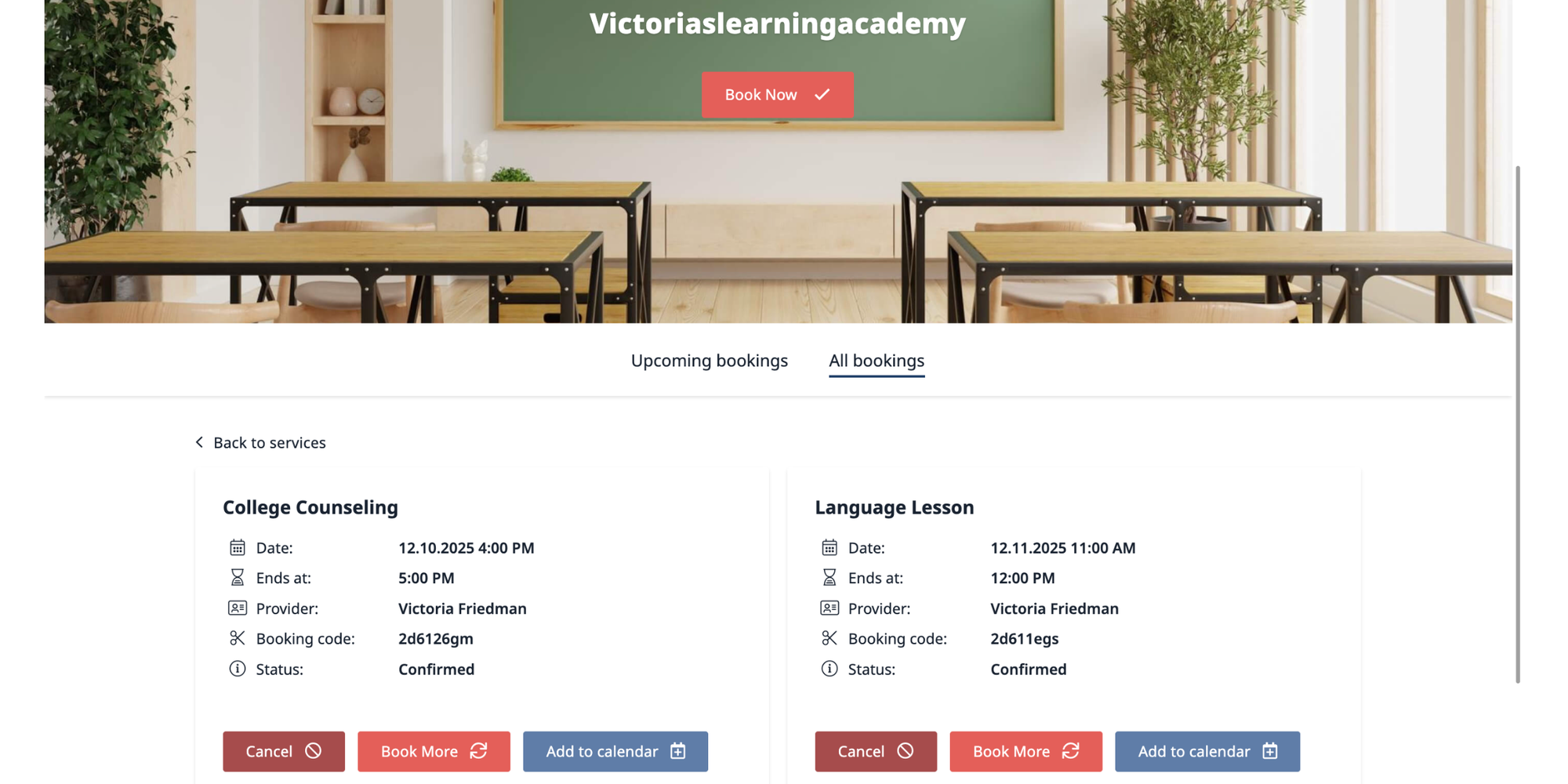 SimplyBook.me class booking software showing confirmed lesson bookings for schools with scheduling tools and class management features