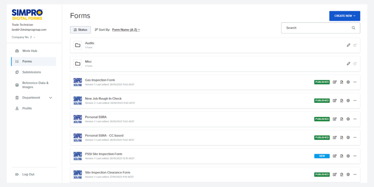 Electrical company technician schedule in Simpro platform.