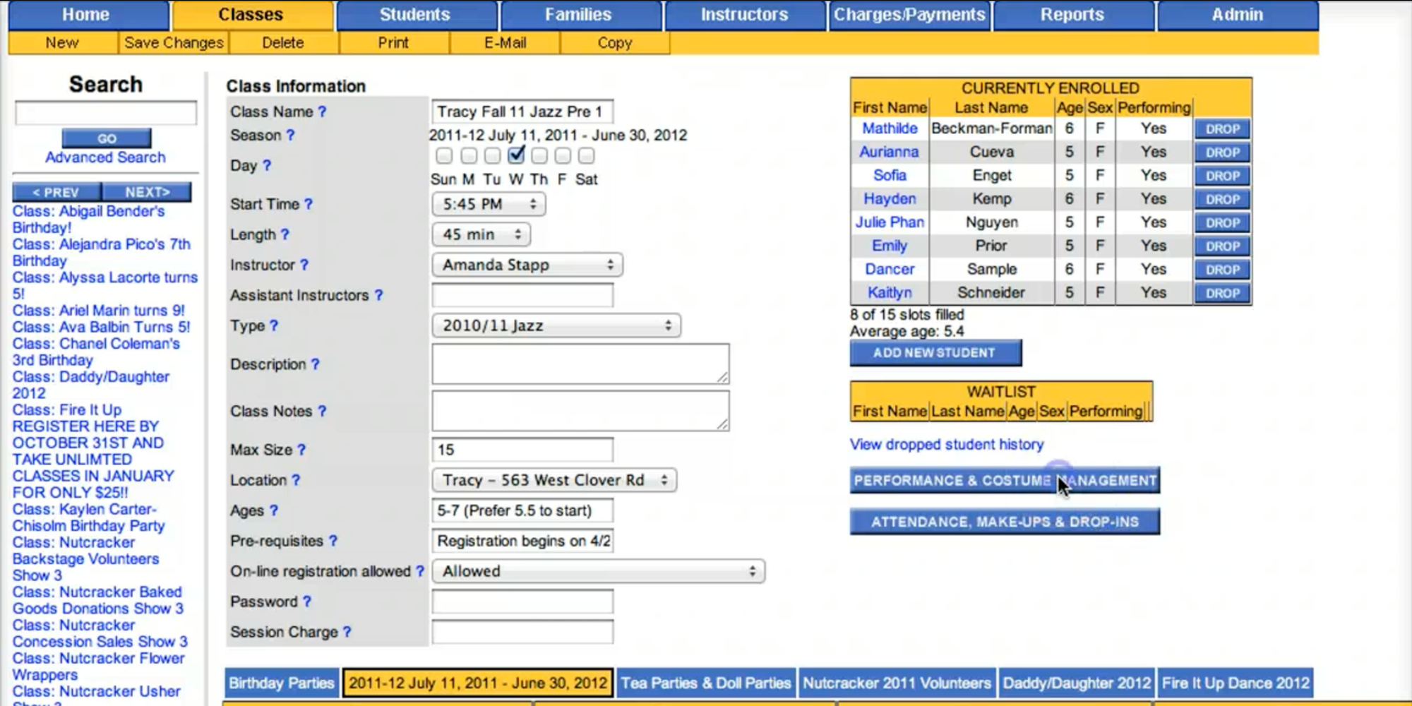 StudioDirector legacy class schedule screen for jazz class, showing class management platforms for dance studios.