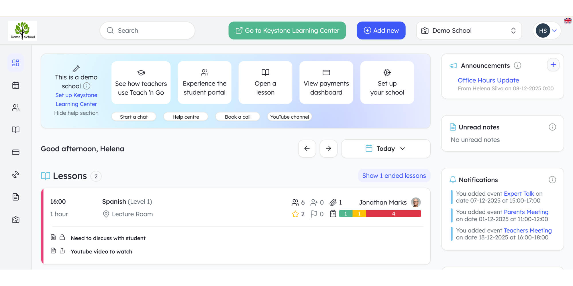 Teach ’n Go class scheduling software dashboard showing lessons, class bookings, teacher tools, and educational scheduling features