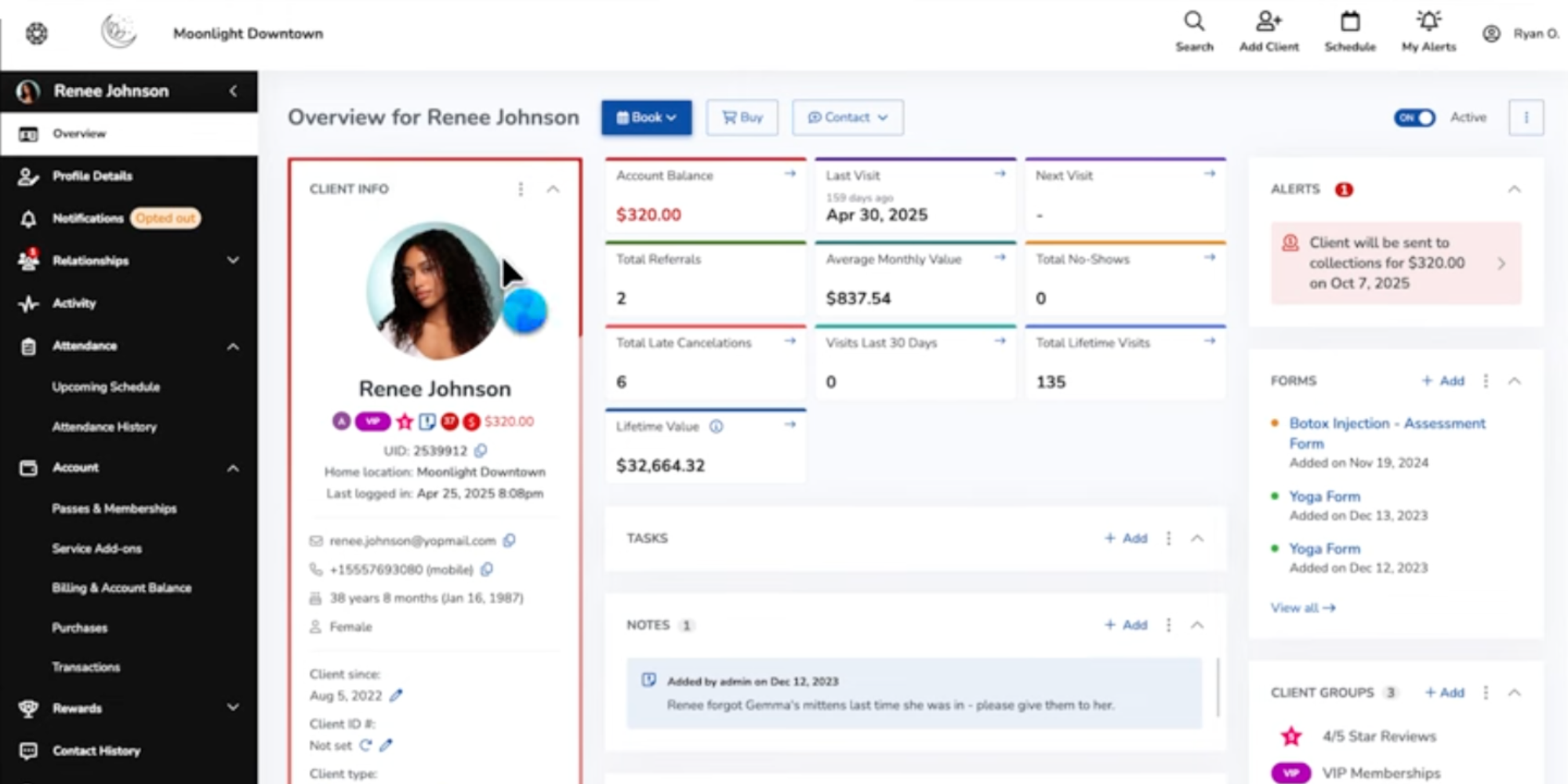 WellnessLiving client profile dashboard showcasing best dance studio software style and CRM tools.