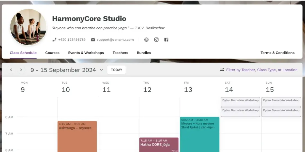 screenshot of Zenamu scheduling software for yoga instructors