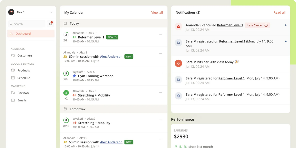 screenshot of Zipper yoga class scheduling