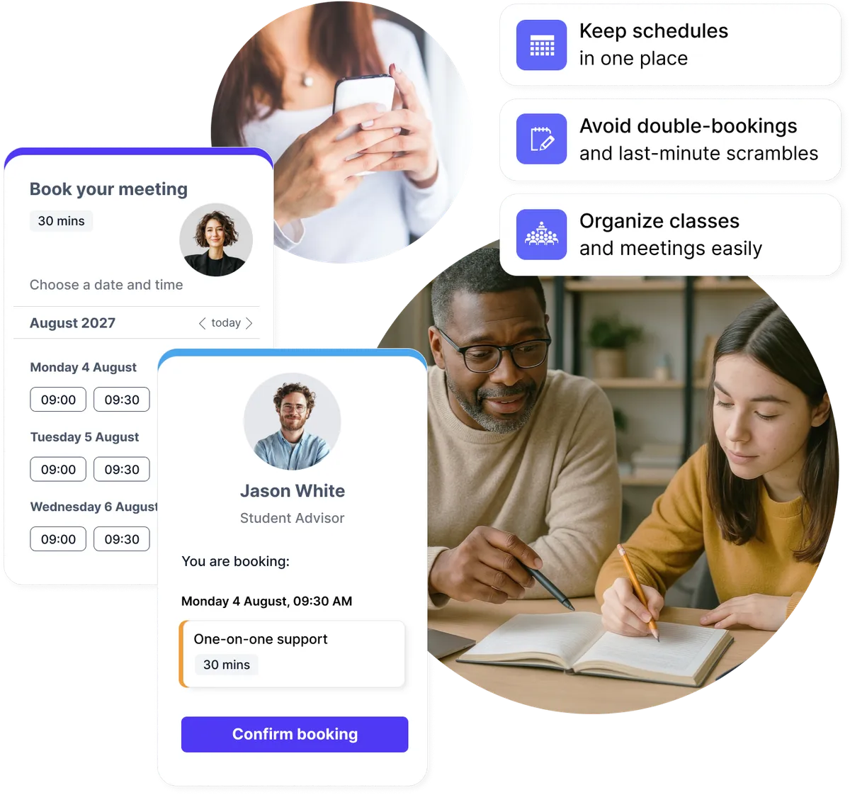 Centralized school timetable showing classes, meetings, and events